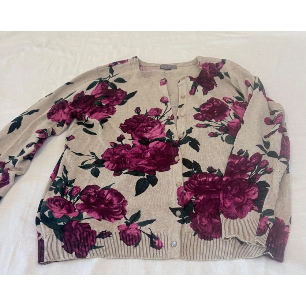 Vng Women's Laura Scott Cardigan Flower Print Beige Pink Green XL Fits Mod M-L